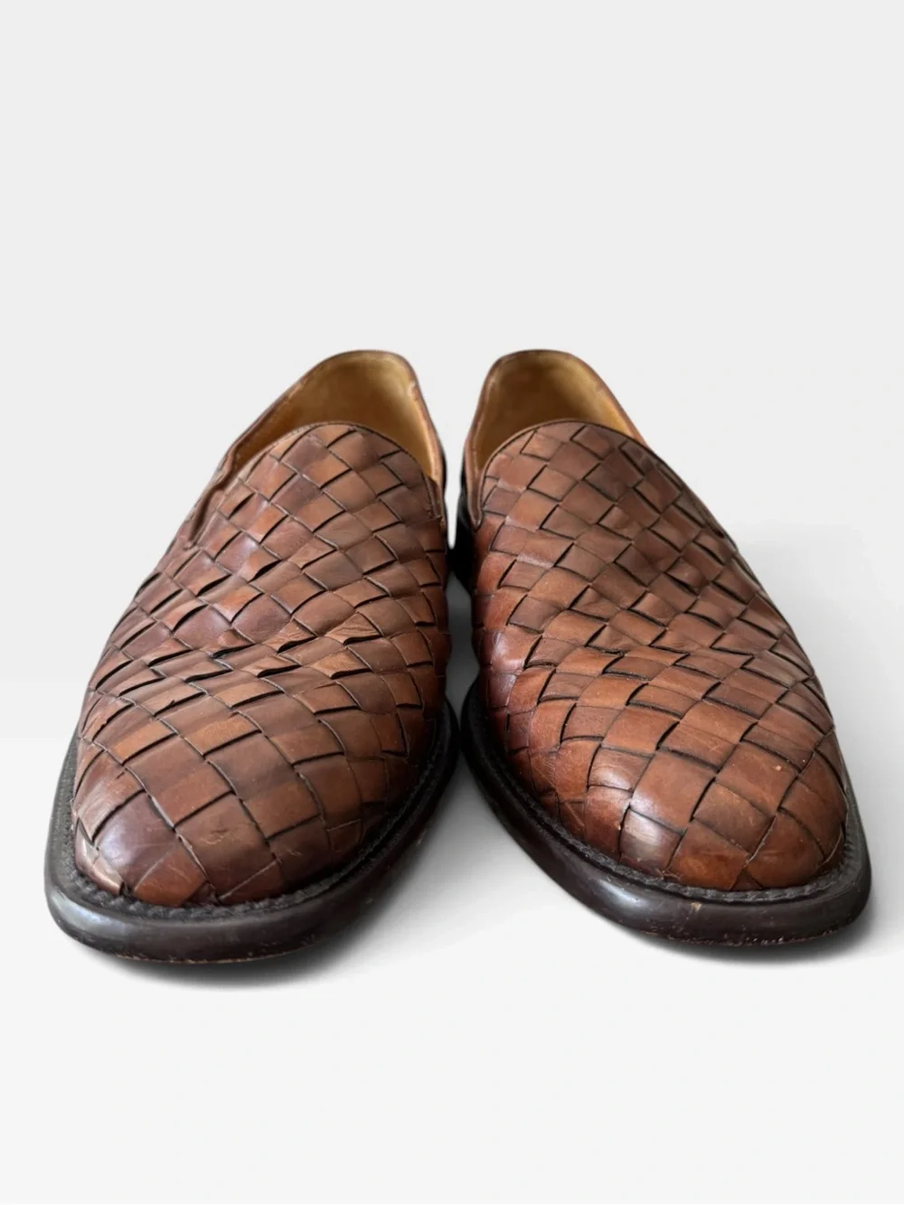 Mezlan 9.5M Brown Woven Leather Loafers Italian Vero Cuoio Vintage